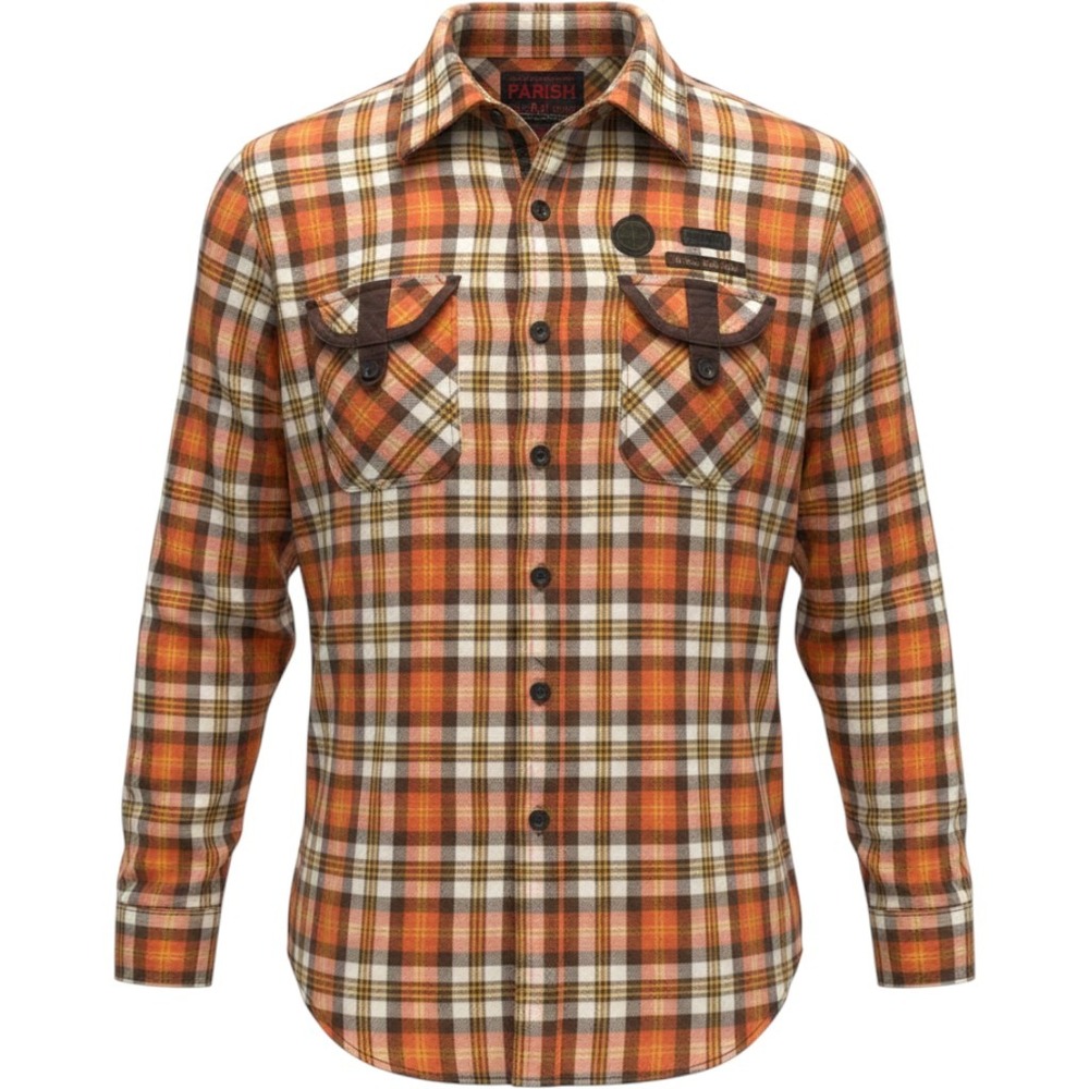 Parish Nation Mens 4XL Flannel Shirt Orange Plaid Embroidered Streetwear Y2K